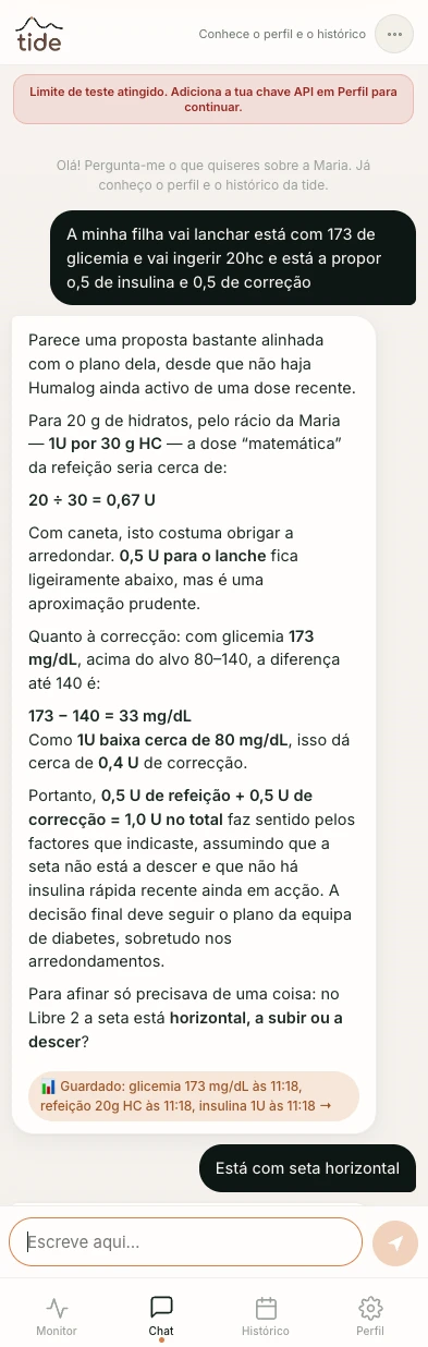 Tide chat showing a fictional diabetes-related conversation with structured events captured from the exchange.