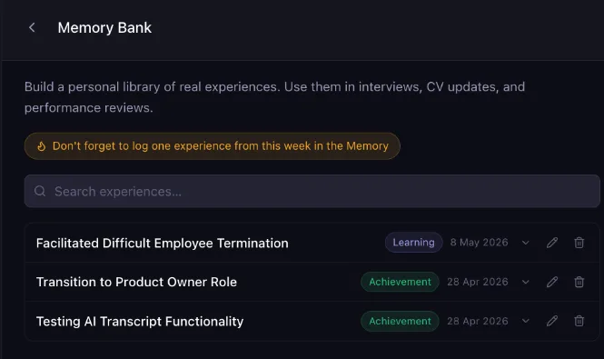 The Interviewish Memory Bank, listing saved work experiences tagged as learnings or achievements with the dates they were logged.