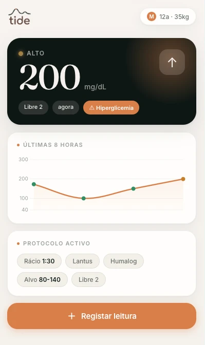 Tide monitor showing a fictional current glucose value, recent trend and active context.
