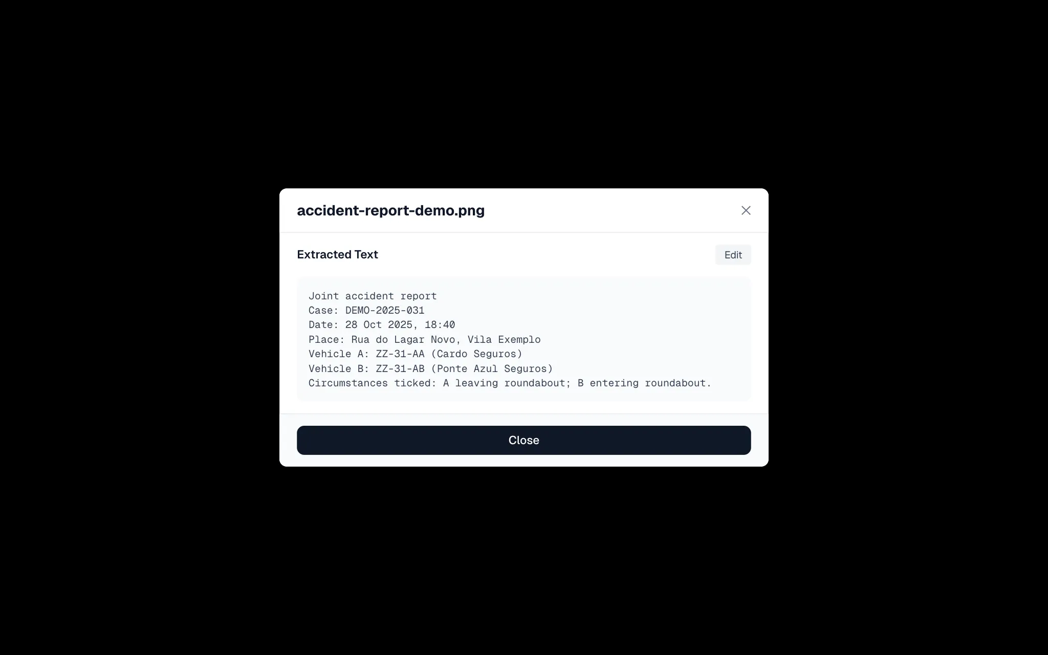A fictional OCR preview open over an inspection document list, showing an invented witness statement with editable extracted text.
