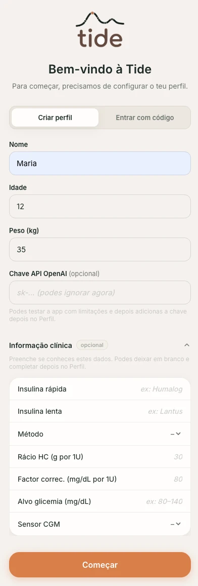 Tide onboarding screen with fictional profile and health context fields.