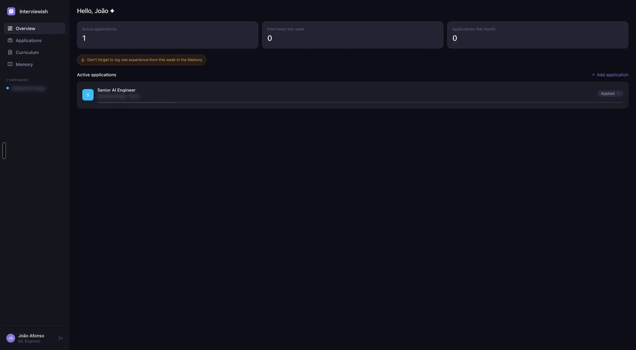 The Interviewish dashboard: a sidebar of navigation, counters for active applications and interviews, and an active application card showing a Senior AI Engineer role marked as applied.