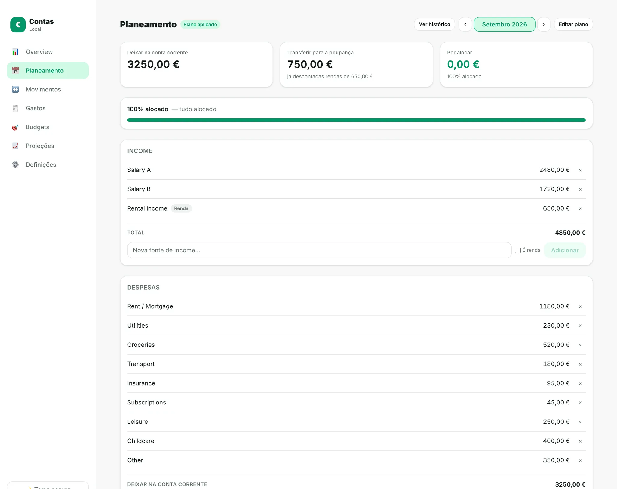 The monthly planning screen for September, marked as applied and fully allocated: income split across two salaries and rental income, then nine expense lines, with the remainder left in the current account.