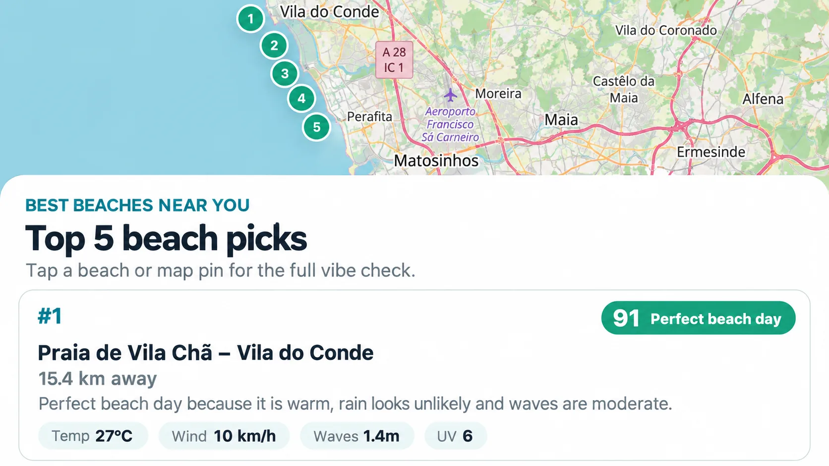 A landscape editorial composition of the Beachiness ranking, with map pins above the first beach pick and its score.