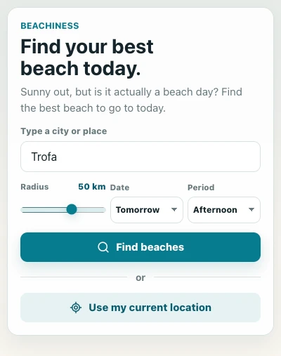 Beachiness search screen with a place field set to Trofa, a 50 km radius slider, and day and period selectors above a Find beaches action.