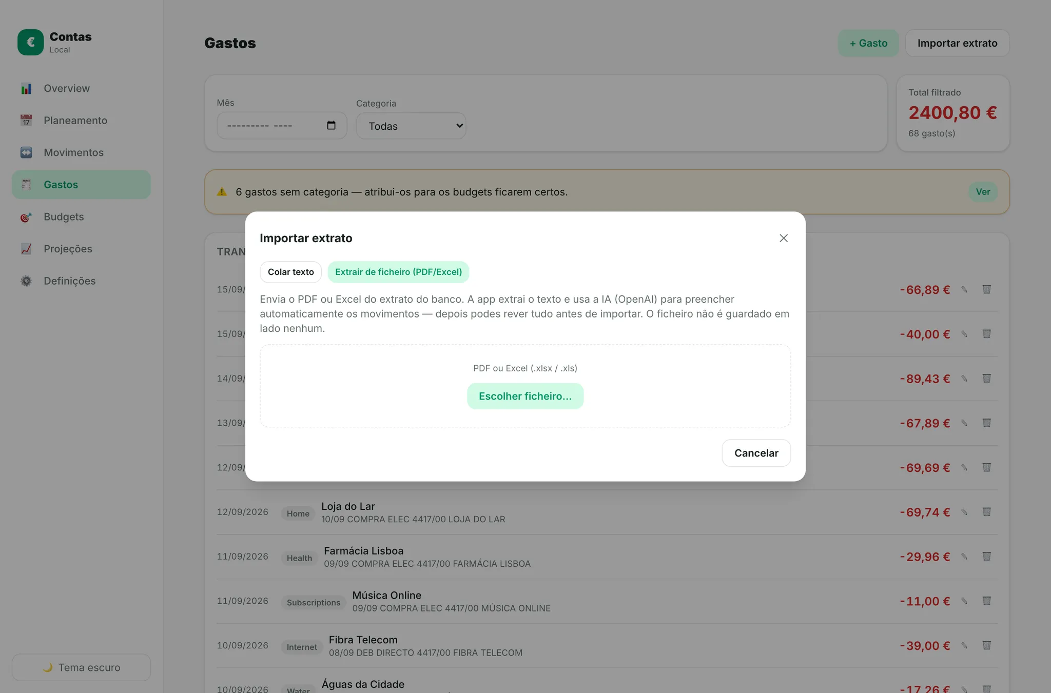 The statement import dialog open over the spending list, offering a PDF or Excel file to extract from. Behind it, already-imported transactions show their raw bank descriptors with a category assigned to each, and a warning counts the ones still uncategorised.