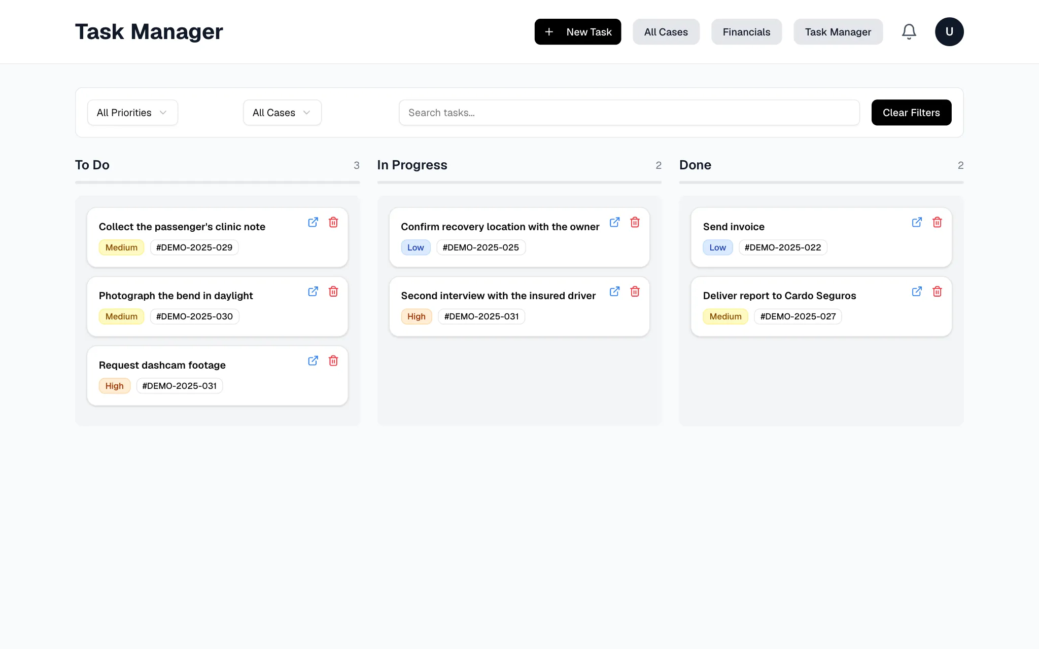A fictional task board with planned, in-progress and completed columns for inspection work.