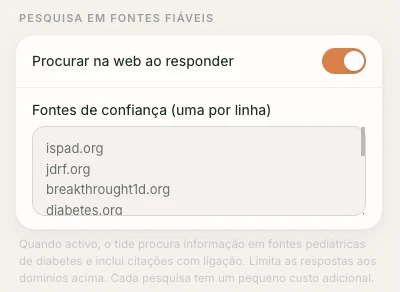 Tide settings showing the web-search toggle switched on above a short, editable list of trusted sources.